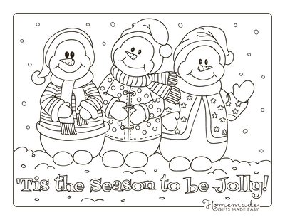 Snowman Coloring Pages Three Snowmen Jackets Hats Snowing