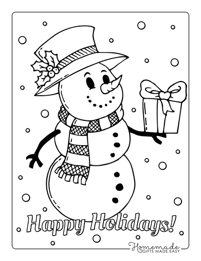 Snowman Coloring Pages Vintage Style Top Hat Holly Holding Gift