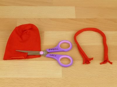 sock snowman - making a scarf from a red sock