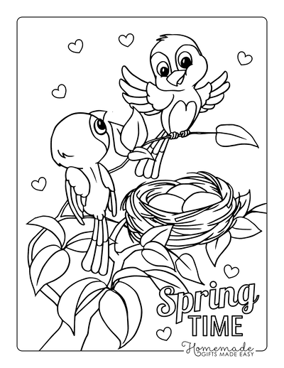 Spring Coloring Pages Cute Birds Tree Nest