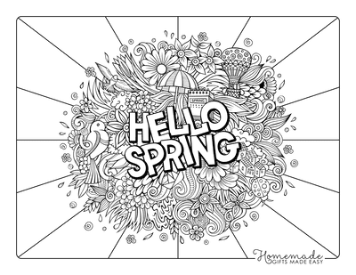Spring Coloring Pages Hello Spring Detailed Doodle for Adults