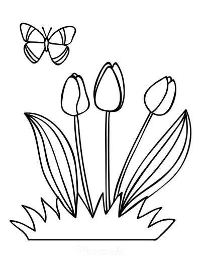 Spring Coloring Pages Tulips Butterfly