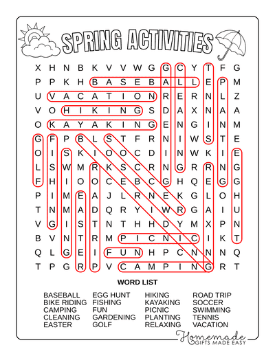 Spring Word Search Activities Medium Answers