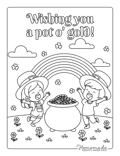 St Patricks Day Coloring Pages Cute Kids With Pot of Gold and Rainbow