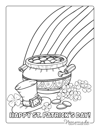 St Patricks Day Coloring Pages Pot Gold Rainbow Shamrock Hat