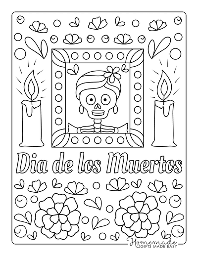 Sugar Skull Coloring Pages Doodle Dia De Los Muertos Candles Alter Flowers