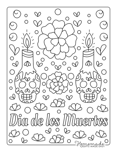 Sugar Skull Coloring Pages Doodle Dia De Los Muertos Candles Flowers