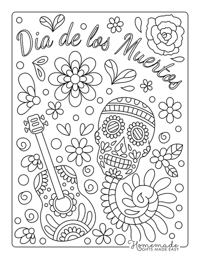 Sugar Skull Coloring Pages Doodle Dia De Los Muertos Flowers