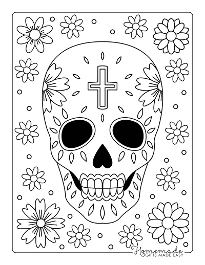 Sugar Skull Coloring Pages Flowers 2