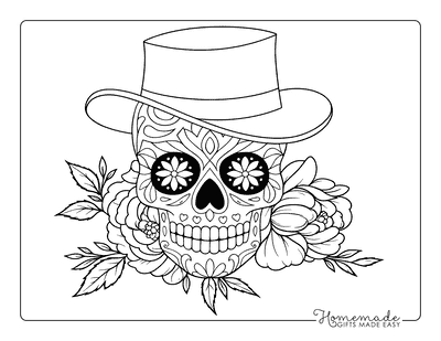 Sugar Skull Coloring Pages Male Skull With Hat and Flowers