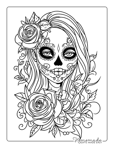 Sugar Skull Coloring Pages Woman With Rose