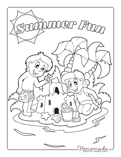 Summer Coloring Pages Boy Girl Sand Castle Beach