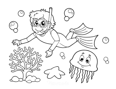 Summer Coloring Pages Boy Snorkeling