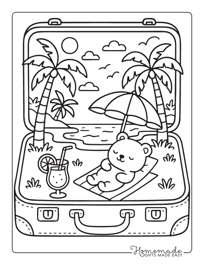 Summer Coloring Pages Cute Bear in Suitcase Beach Vacation