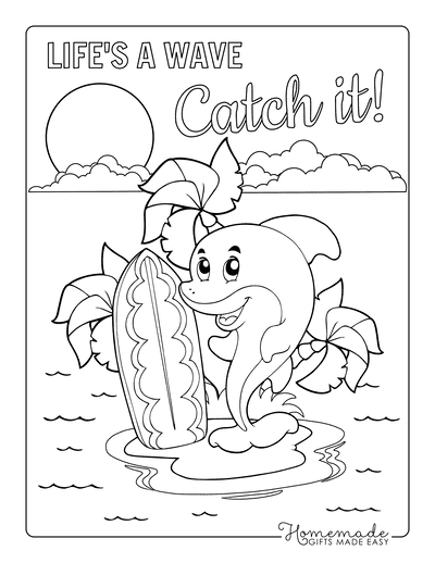 Summer Coloring Pages Cute Island Surfing Dolphin