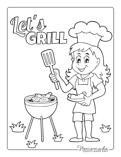 Summer Coloring Pages Girl Barbecue Grill