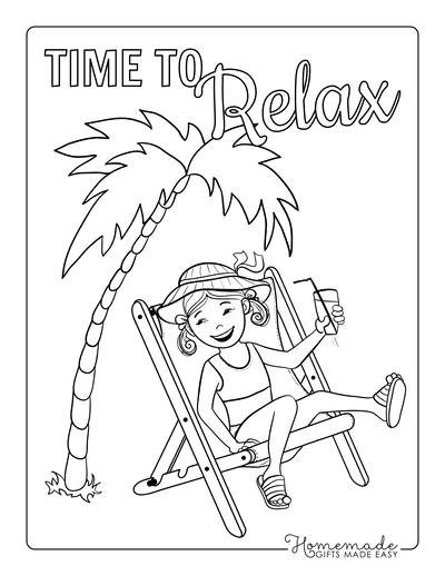 Summer Coloring Pages Girl on Beach Deckchair Palm Tree