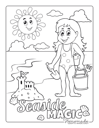 Summer Coloring Pages Girl Sandcastle Beach