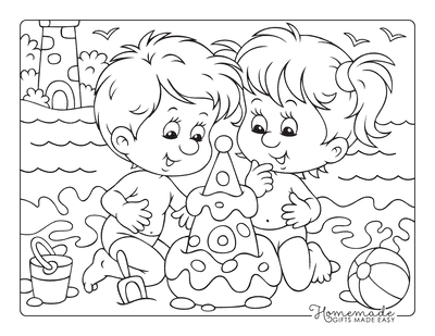 Summer Coloring Pages Kids on Beach Sandcastle