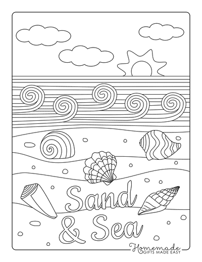 Summer Coloring Pages Waves Sea Shells