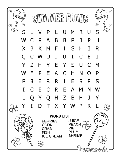 Summer Word Search Foods Easy