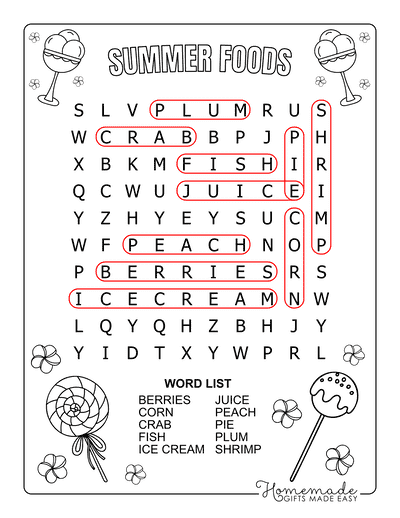 Summer Word Search Foods Easy Answers
