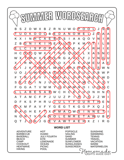 Summer Word Search General Hard Answers