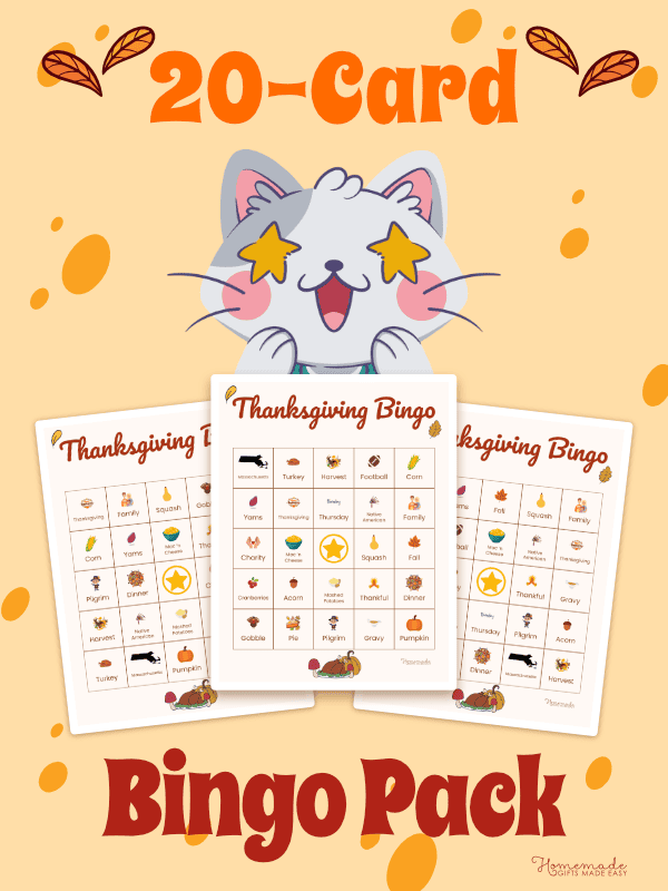 Thanksgiving Bingo Cards Brown and Red Playful 20 Pack