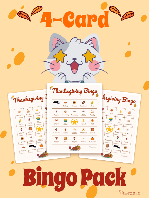 Thanksgiving Bingo Cards Brown and Red Playful 4 Pack