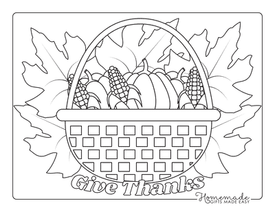 Thanksgiving Coloring Pages Basket of Corn Pumpkins With Fall Leaves