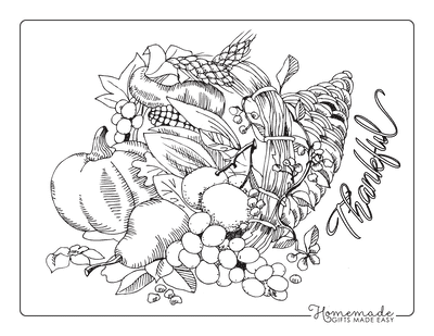 Thanksgiving Coloring Pages Cornucopia Grapes Pumpkin Harvest