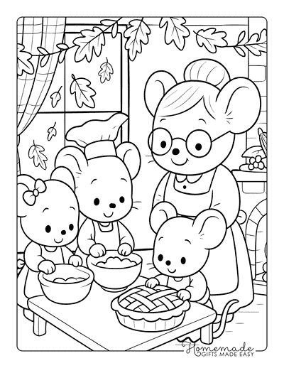 Thanksgiving Coloring Pages Cute Mouse Family Making Thanksgiving Pie