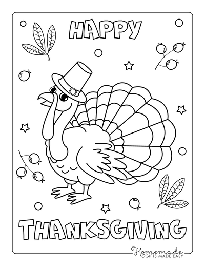 Thanksgiving Coloring Pages Happy Turkey Stars Berries