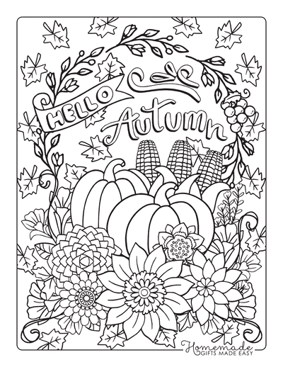 Thanksgiving Coloring Pages Hello Autumn Pumpkins Flowers