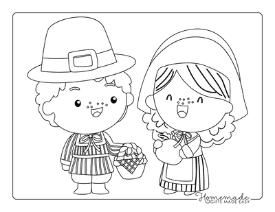 Thanksgiving Coloring Pages Kawaii Pilgrims for Kids
