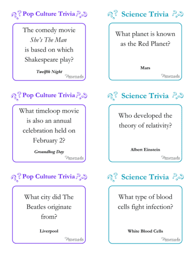 Pop Culture and Science Trivia Questions Free Printable Game Trivia Questions Culture Science