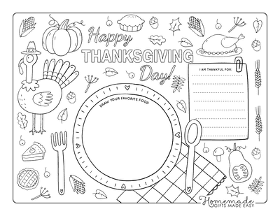 Turkey Coloring Pages Activity Placemat Thankful for Favorite Meal