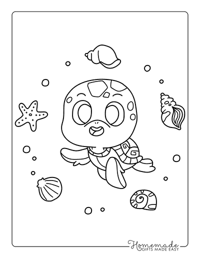 Turtle Coloring Pages Cute Baby Sea Turtle and Seashells
