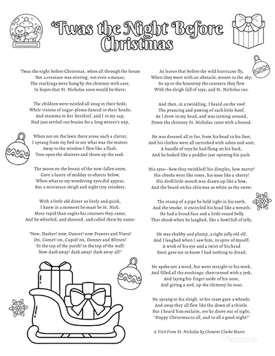 Twas the Night Before Christmas Ornaments Gifts Snowflakes to Color