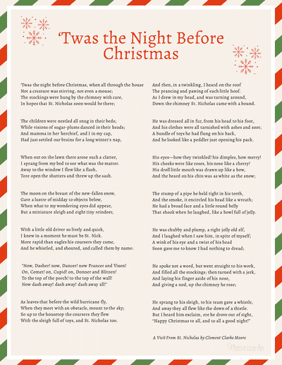 Twas the Night Before Christmas Single Page Christmas Red and Green Stripes