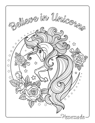 Unicorn Coloring Pages Believe in Unicorns Moon Stars Flowers Flowing Mane