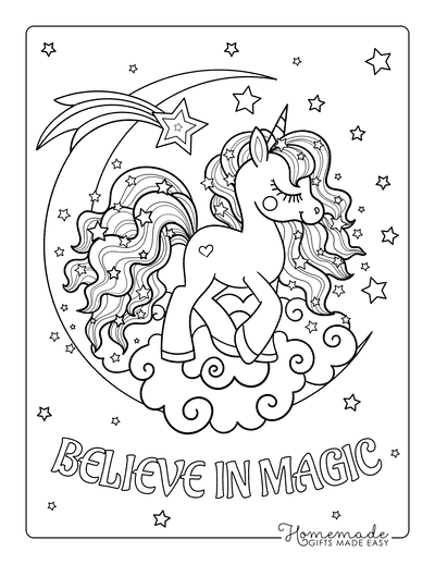 Unicorn Coloring Pages Cute Moon Stars Believe Magic