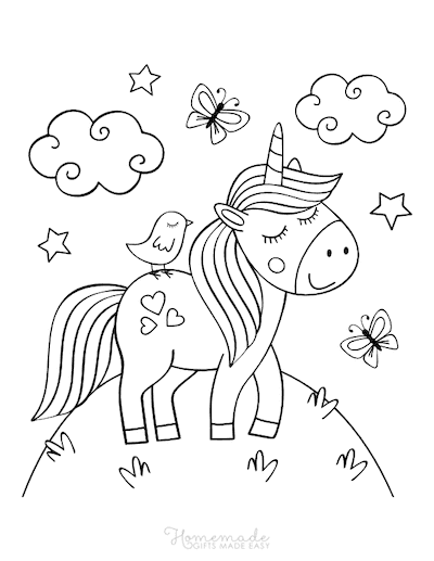 Unicorn Coloring Pages Cute Unicorn on Hill Top Butterflies Hearts