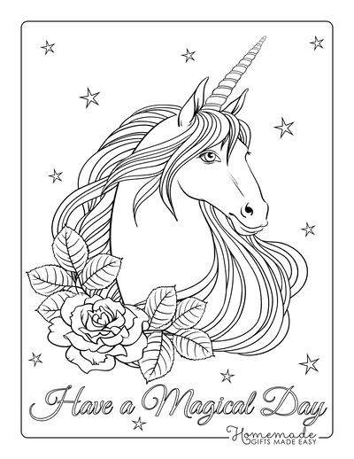 Unicorn Coloring Pages Head Flowing Mane Roses