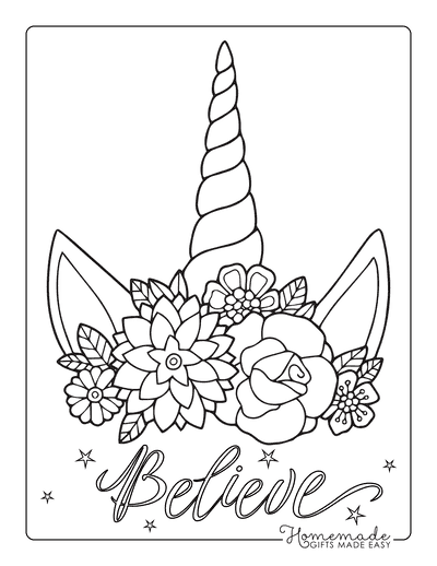 Unicorn Coloring Pages Horn Ears Flowers
