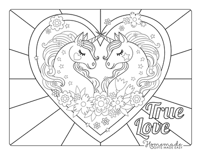 Unicorn Coloring Pages Love Heart Two Unicorns Flowers