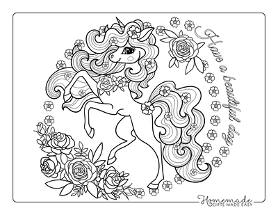 Unicorn Coloring Pages Roses Flowers Flowing Mane