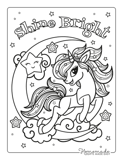 Unicorn Coloring Pages Shine Bright Cute Large Eyes Moon Stars