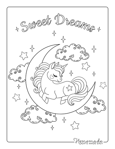 Unicorn Coloring Pages Sweet Dreams Stars Moon Sleeping