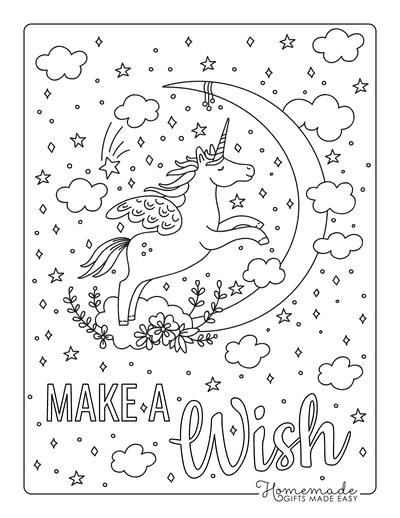 Unicorn Coloring Pages Winged Unicorn Flying Crescent Moon Clouds Stars Flowers
